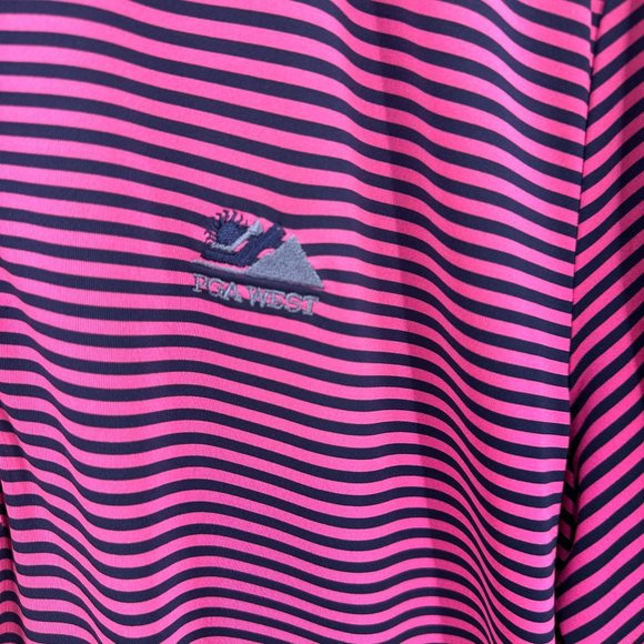 RLX Ralph Lauren Polo Shirt Mens Stripe Short Sleeve Logo Pga West Pink Navy L - Picture 5 of 10
